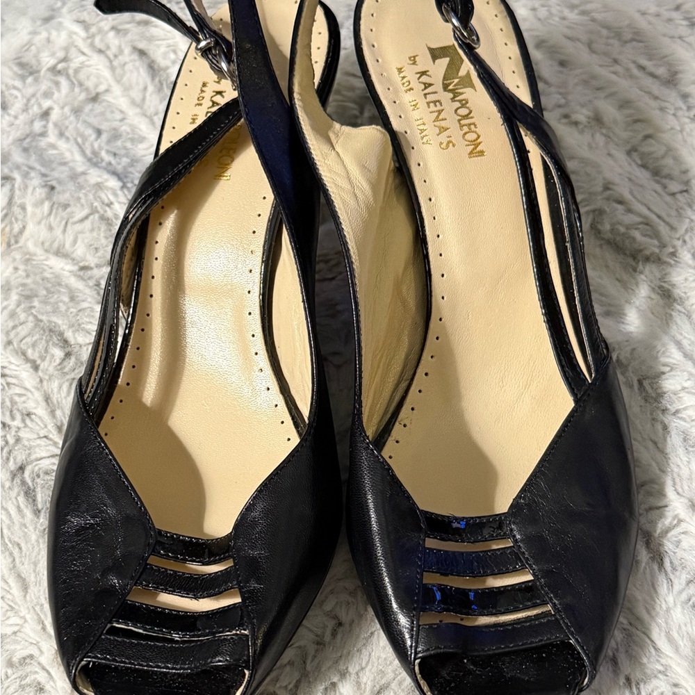 Napoleoni by kale as  Black Strappy Peep-Toe Heels. Leather.  Made in Italy  6